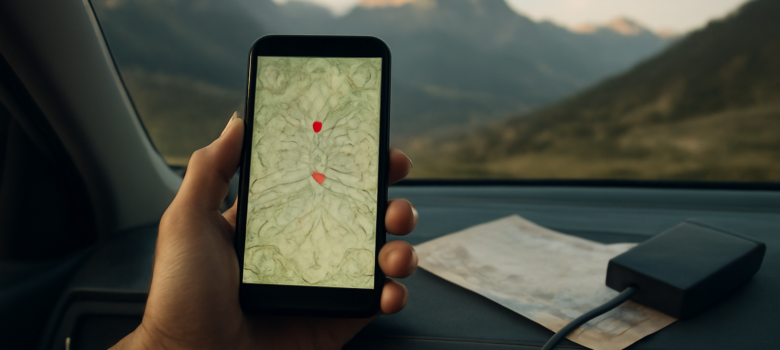Ponsel menampilkan peta offline dengan penanda titik hentian di dasbor mobil saat menyusun rute perjalanan