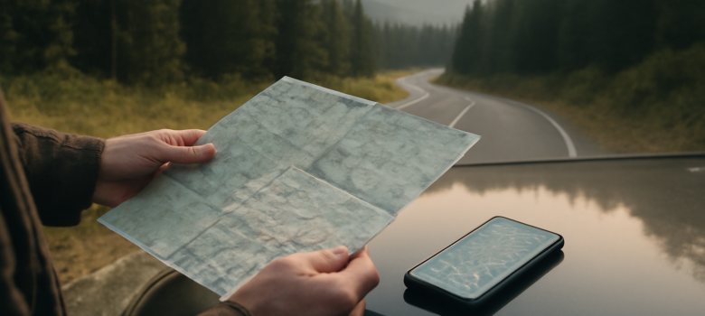 Peta cetak dan ponsel dengan peta offline di atas kap mobil saat merencanakan rute perjalanan